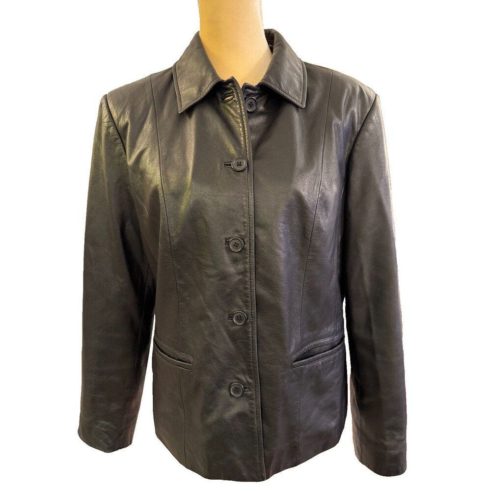 Preston & York Women's Black Leather Short Button up Coat Sz M Classic Career